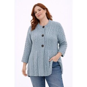 Carraig Donn Cardigan Womens Size M Blue Merino Wool Cable Knit Irish Sweater